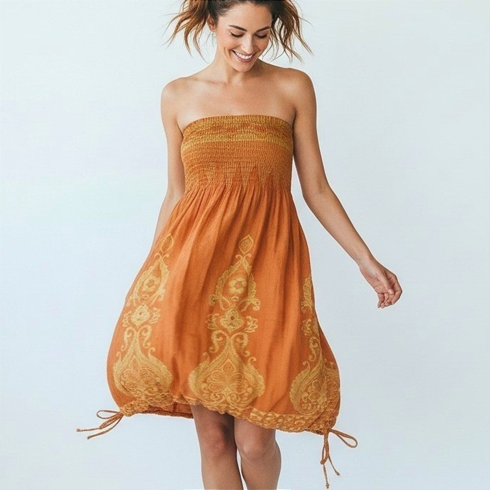 Lapis India Convertible Silk Skirt Strapless Dress Smocked Ruched Bubble Hem S